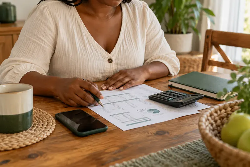 A person checking a household budget beside a calculator.