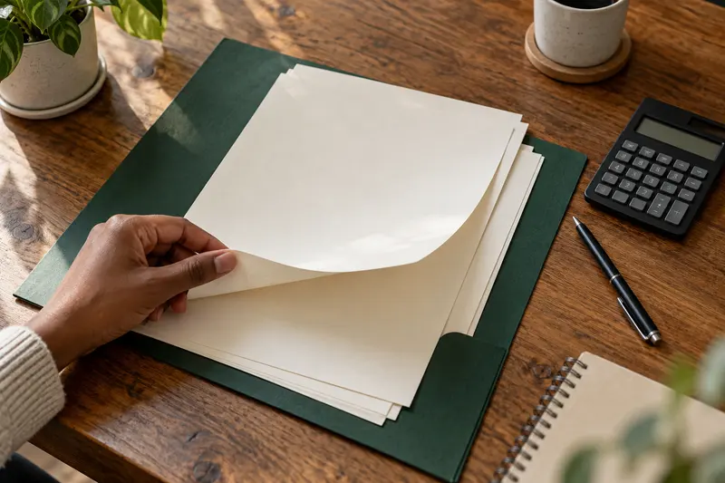 Documents, a pen and a calculator arranged on a desk.